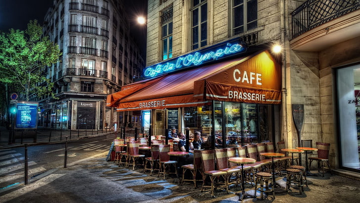 Фасад магазина, Париж, кафе, улица, вечеринка, романтика, HDR, HD обои