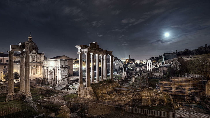roman forum, italy, rome, full moon, ancient, night, city, HD wallpaper