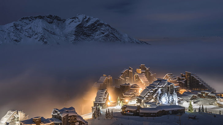 buildings near snow-covered mountain wallpaper, winter, snow, mountains, night, lights, France, the hotel, resort, skiing, Haute-Savoie, The Portes du Soleil, Avoriaz, HD wallpaper