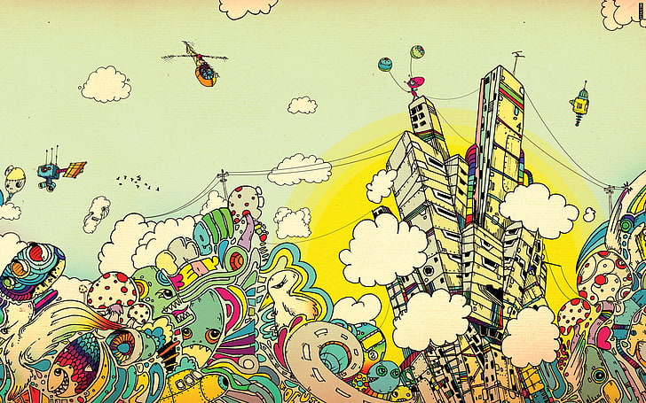 seni doodle, awan, kota, cat, seni, Apostolescu, Matei, Wallpaper HD