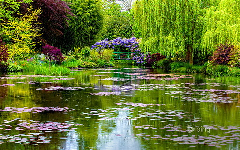 Árboles de hojas verdes, puente, Francia, primavera, estanque, Normandía, Giverny, el jardín de Monet, Fondo de pantalla HD HD wallpaper