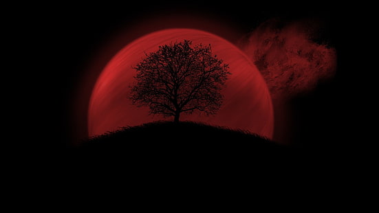 Artistique, Lune, Lune de sang, Rouge, Silhouette, Arbre, Fond d'écran HD HD wallpaper