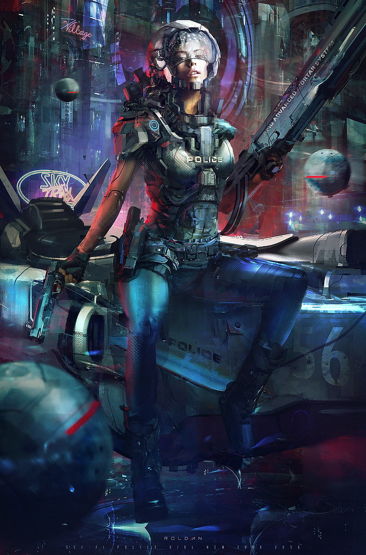 Ilustración del personaje del juego, policía, cyberpunk, futurista, Fondo de pantalla HD, fondo de pantalla de teléfono