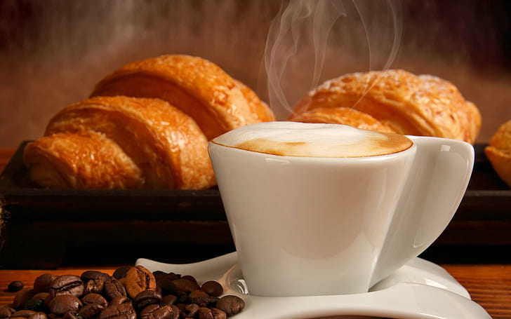Cappuccino e croissant, cappuccino, fotografia, 2560x1600, cappuccino, croissant, HD papel de parede