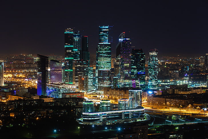 град, Русия, Москва, светлини, нощ, небостъргач, градски светлини, HD тапет