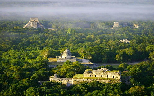 Vista aérea, Arqueología, Chichén Itzá, paisaje, México, niebla, Mañana, naturaleza, ruinas, luz solar, Templo, Bosque Tropical, Fondo de pantalla HD HD wallpaper