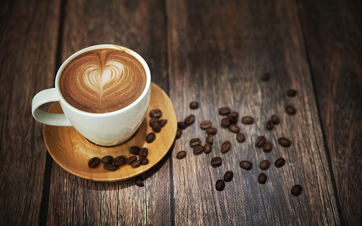 Café, xícara, espuma, bebida, grãos de café, desktop de madeira, Café, Copa, espuma, bebida, feijões, madeira, desktop, HD papel de parede