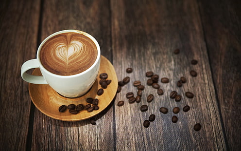 Café, xícara, espuma, bebida, grãos de café, desktop de madeira, Café, Copa, espuma, bebida, feijões, madeira, desktop, HD papel de parede HD wallpaper
