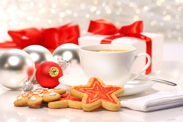зима, шарики, лимон, чай, игрушки, печенье, чашка, подарки, сладости, торты, праздники, Рождество, HD обои