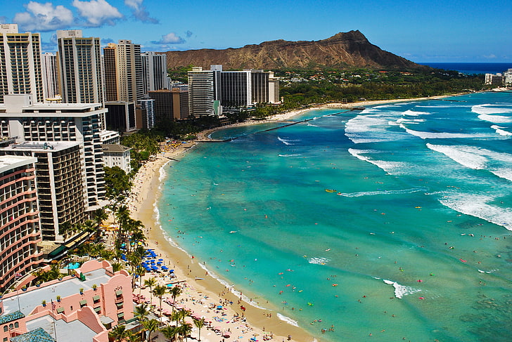 morze w pobliżu budynków zdjęcia lotnicze, fala, ocean, Hawaje, plaża, Waikiki, Tapety HD