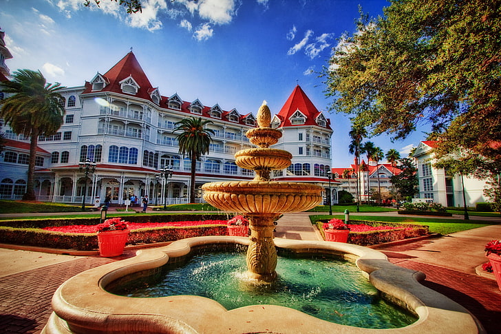 brown outdoor fountain, FL, fountain, resort, Florida, Walt Disney World, Disney world, Disney's Grand Floridian Resort, Windermere, HD wallpaper