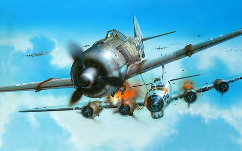 II wojna światowa, fw 190, Focke-Wulf, Luftwaffe, Niemcy, samolot, wojsko, samoloty, samoloty wojskowe, Boeing B-17 Flying Fortress, silnik gwiazdowy, Tapety HD HD wallpaper