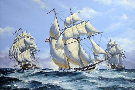白いガレオン船の図、波、戦い、アート、アーティスト、海軍、海、絵画、ショット、銃、船、ヨット、ジョンベンサム。、 HDデスクトップの壁紙 HD wallpaper