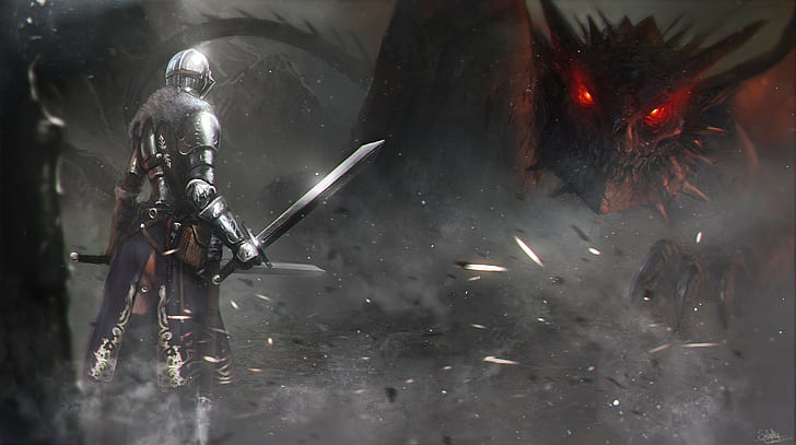 dragon, sword, warrior, art, lizard, armor, Dark Soul 2, HD wallpaper