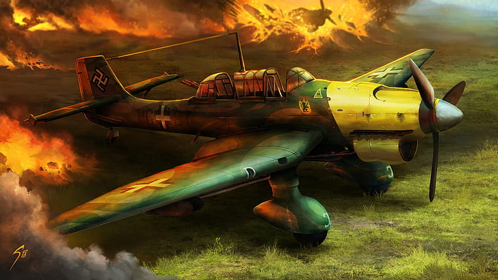 Figure, The plane, War, The explosion, Art, Explosions, Bomber, The Germans, Junkers, Thing, The Second World War, WW2, Stuka, The bombing, by Gary Jensen, Gary Jensen, Junkers JU87, Junkers Ju-87, Stuka Dive Bomber, JU87, Dive Bomber, HD wallpaper