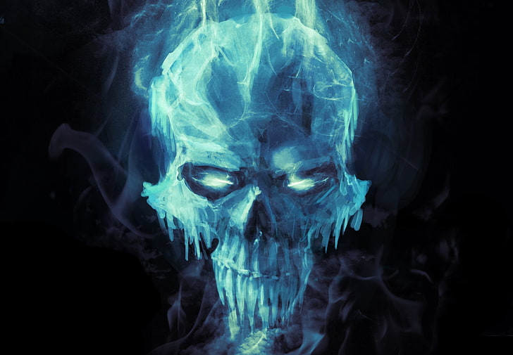 blue skull wallpaper, cold, ice, fiction, skull, icicles, art, black background, HD wallpaper