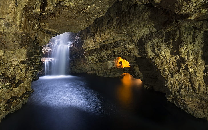 photo of brown cave, cave, waterfall, Scotland, sunlight, erosion, nature, rock, landscape, UK, HD wallpaper
