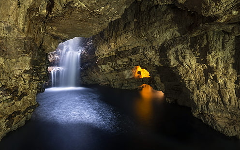 zdjęcie brązowej jaskini, jaskini, wodospadu, Szkocji, światła słonecznego, erozji, przyrody, skały, krajobrazu, Wielkiej Brytanii, Tapety HD HD wallpaper