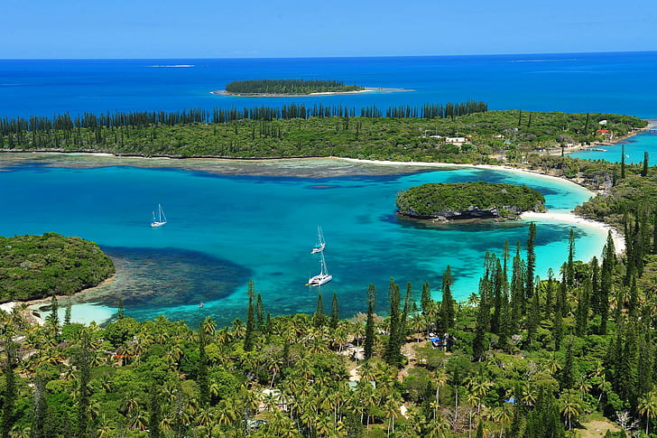 Нова Каледония в южната част на Тихия океан, бор, тропически, острови, Тихия океан, лагуна, остров на боровете, юг, дървета, плаж, Полинезия, пясък, океан, синьо, HD тапет