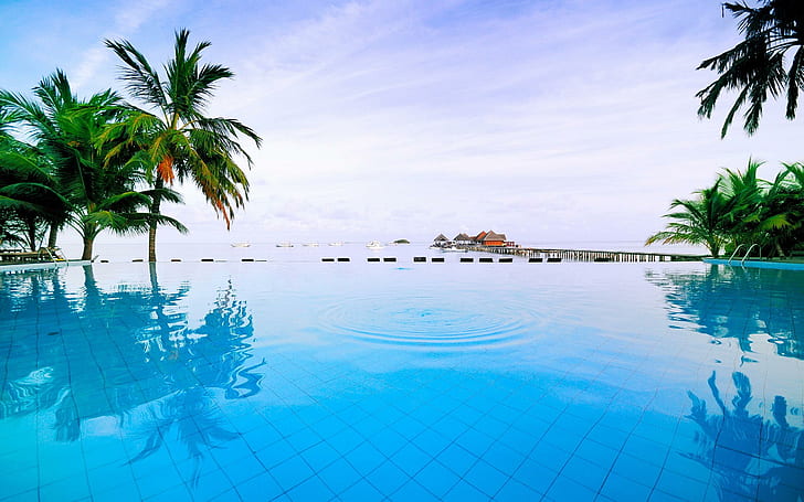 Basen Resort Malediwy, plaża, przyroda, basen, kurort, Malediwy, Tapety HD