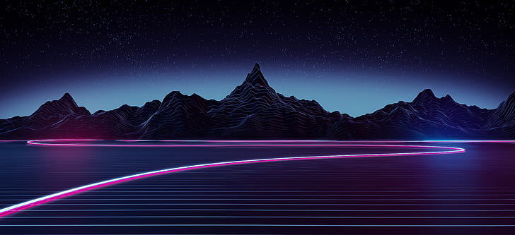 Autobahn, Neon, Berge, RetroWave Kunst, 5K, HD-Hintergrundbild