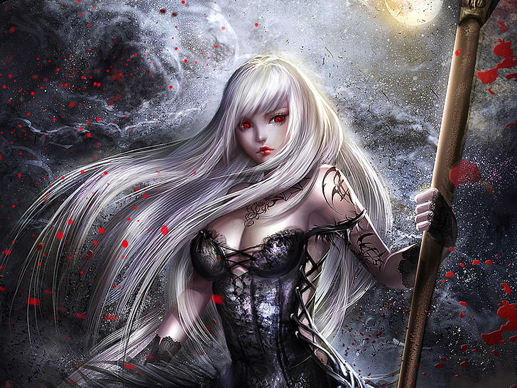 Fantasy, Women Warrior, Girl, Long Hair, Red Eyes, Weapon, White Hair, Woman, Woman Warrior, HD wallpaper