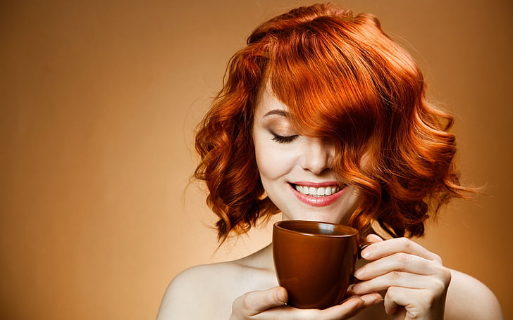 kopi, cangkir, minum, wajah, perempuan, Gadis, rambut, model, suasana hati, berambut merah, Senyum, teh, wanita, Wallpaper HD