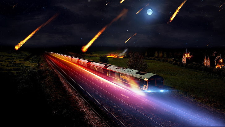 time lapse photography of train wallpaper, train, tracks, railway, meteors, digital art, HD wallpaper
