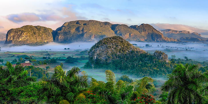mountains view during day time, Hungry, water, paradise, mountains, view, day, time, cuba, vinales, fog, sunrise, nature, mountain, landscape, scenics, sunset, rock - Object, sea, outdoors, travel, beauty In Nature, sunrise - Dawn, beach, sky, forest, tourism, HD wallpaper