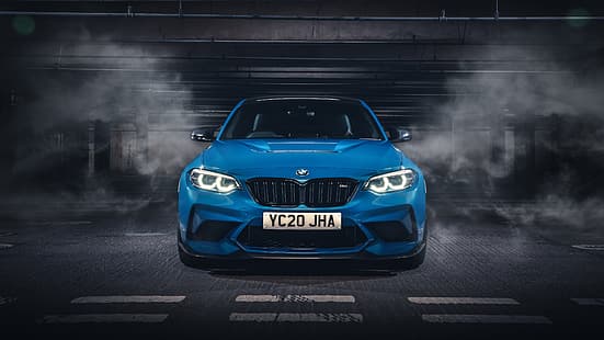 BMW, BMW M2, carro, veículo, carros azuis, estacionamento, fumaça, faróis, HD papel de parede HD wallpaper