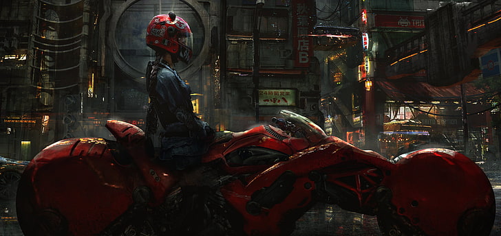helm full-face merah, wanita, seni digital, helm, cyberpunk, futuristik, kepang, Akira, sepeda motor, konsep seni, karya seni, fiksi ilmiah, Eddie Mendoza, jalan, seni fantasi, Wallpaper HD