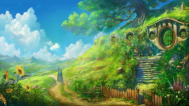 wooden house under the tree near dirt road wallpaper, landscape, The Lord of the Rings, Bilbo Baggins, Bag End, HD wallpaper