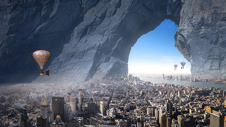 sea, the sky, flight, the city, fog, balloon, rendering, fiction, rocks, stone, view, building, height, home, skyscrapers, the atmosphere, fantasy, art, arch, haze, journey, megapolis, overview, hole, settlement, the futuristic, coastal, from the height, flying ship, view from bird flight, HD wallpaper