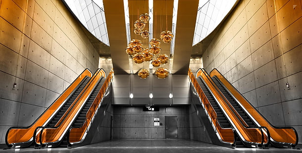 Vitrina enmarcada de madera marrón, escalera mecánica, interior, edificio, moderno, naranja, arquitectura, Fondo de pantalla HD HD wallpaper