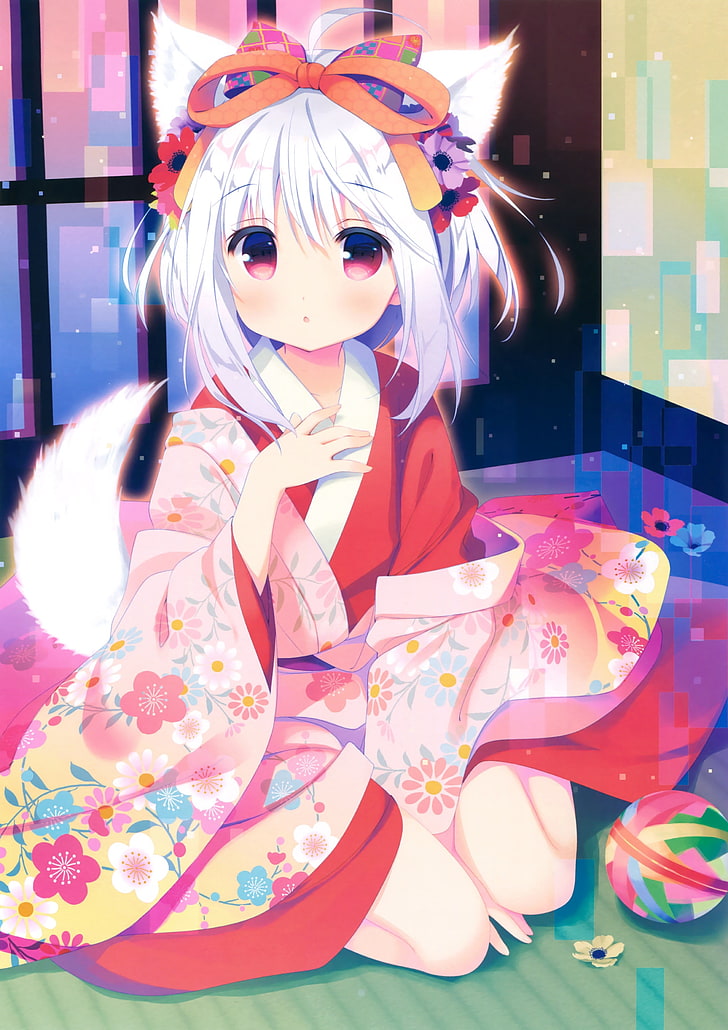 Anime, Anime Girls, Tierohren, Kimono, Schwanz, kurze Haare, weiße Haare, rote Augen, japanische Kleidung, HD-Hintergrundbild, Handy-Hintergrundbild
