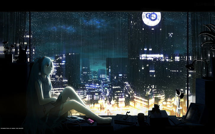 drawing futuristic anime girls fantasy art rain hatsune miku vocaloid anime, HD wallpaper