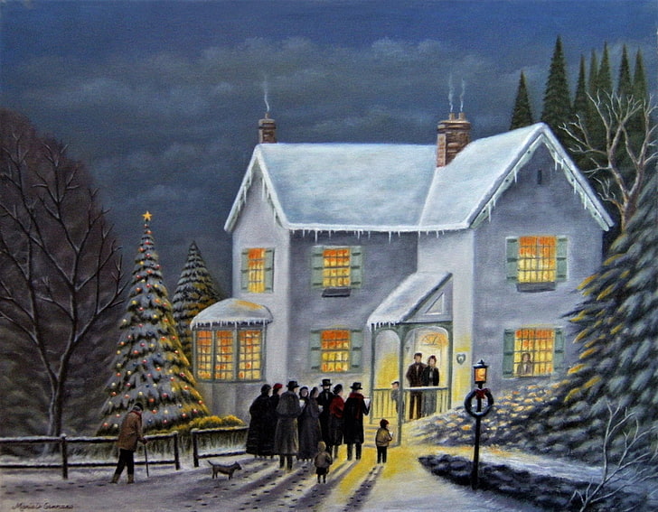 Artístico, Pintura, Navidad, Casa, Nieve, Vintage, Invierno, Fondo de pantalla HD