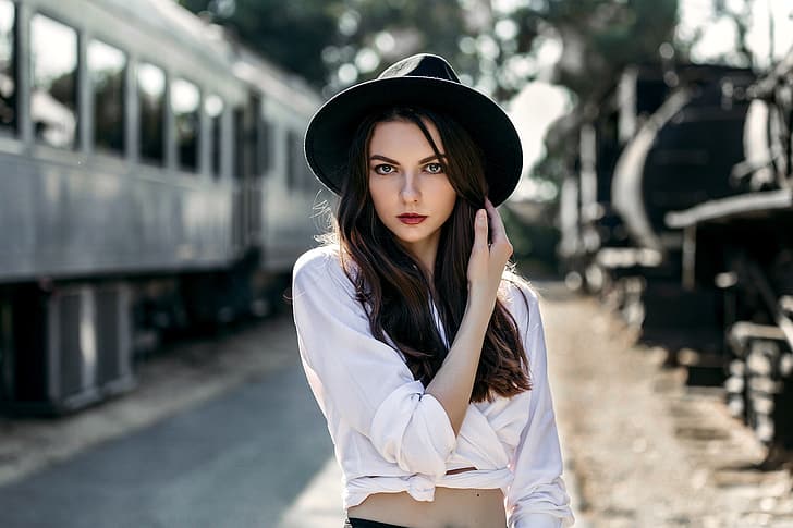 girl, Model, long hair, hat, photo, eyes, train, lips, face, brunette, shirt, portrait, mouth, red lipstick, lipstick, looking at camera, depth of field, looking at viewer, intense look, HD wallpaper