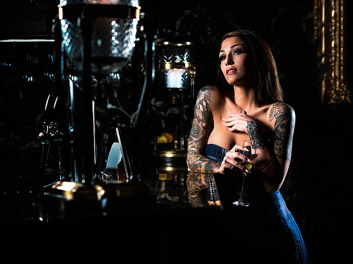 mujer, modelo, tatuaje, vino, Fondo de pantalla HD