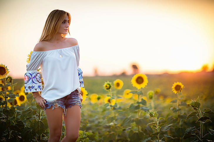 women, blonde, jean shorts, sunflowers, HD wallpaper