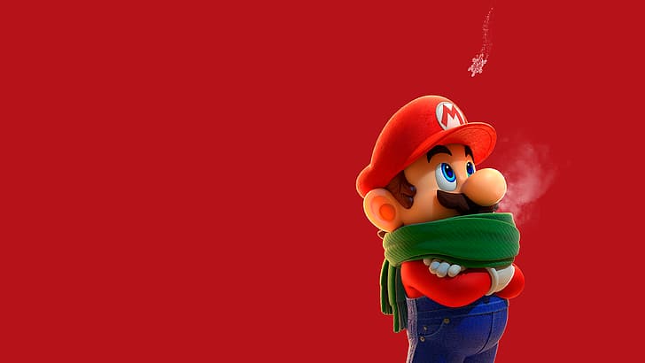 Super Mario, sciarpa, fiocchi di neve, Sfondo HD