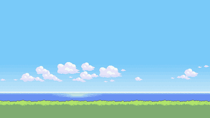 зелена трева, синьо водно тяло и бели облаци илюстрация, покемон, пиксел арт, HD тапет