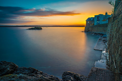 photo of body of water during sunset, marazion, united kingdom, marazion, united kingdom, Sunset, Marazion, Cornwall, United Kingdom, photo, body of water, amazing, building, canon fd, europe, house, landscape, long exposure, rocks, scenery, sea, sony a7, stairs, travel, England, cloudy, coastline, dusk, night, architecture, outdoors, HD wallpaper HD wallpaper