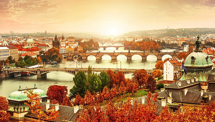Cities, Prague, Aerial, Bridge, City, Cityscape, Czech Republic, Fall, House, Man Made, Tree, HD wallpaper