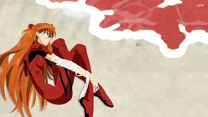 женски анимационен герой с оранжева коса, разположен на брега на морето, Neon Genesis Evangelion, Asuka Langley Soryu, море, аниме, аниме момичета, HD тапет