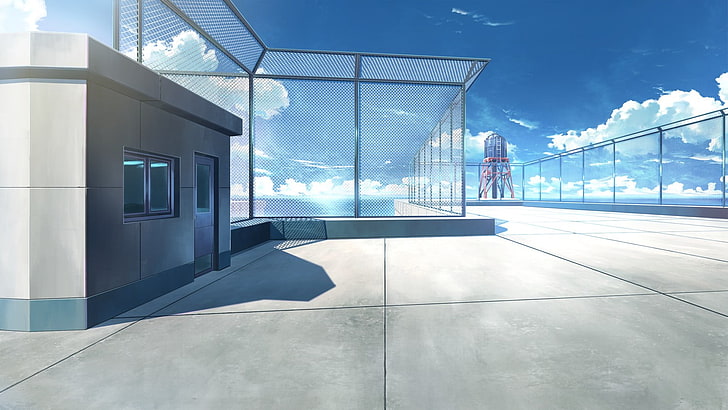 Gray anime building, anime, landscape, school, balcony, rooftops, HD  wallpaper | Wallpaperbetter