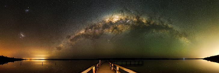 brown wooden dock near body of water, Milky Way, Lake Clifton, Western Australia, 35mm, Panorama, dock, body of water, Lake  Clifton, Mandurah, reflections, mosaic, Microsoft  ICE, cosmology, southern hemisphere, cosmos, Western Australia, DSLR, long exposure, rural, night photography, Nikon, stars, astronomy, space, galaxy, Astrophotography, outdoor, Milky  Way, core, Great  Rift, ancient, sky, d5100, magellanic clouds, small  magellanic  cloud, night, airglow, jetty, pier, explore, star - Space, lake, nature, water, landscape, reflection, HD wallpaper