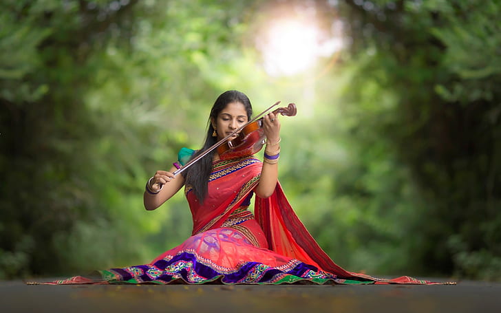 Индийская девушка, скрипка, музыка, дорога, индианка, девушка, скрипка, музыка, дорога, HD обои
