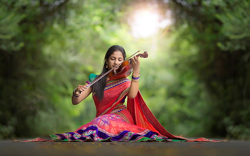 Индийская девушка, скрипка, музыка, дорога, индианка, девушка, скрипка, музыка, дорога, HD обои HD wallpaper