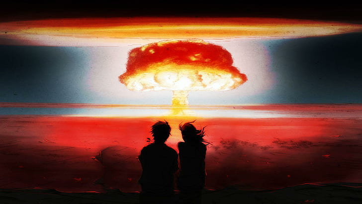 Watching a nuclear explosion, nuclear bomb illustration, anime, 1920x1080, explosion, bomb, mushroom cloud, HD wallpaper